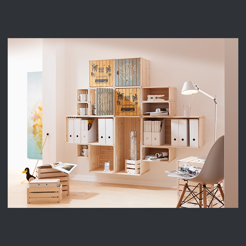 DIY-Regalwand aus Holzkisten/Harassen für Wohnzimmer, Büro etc.