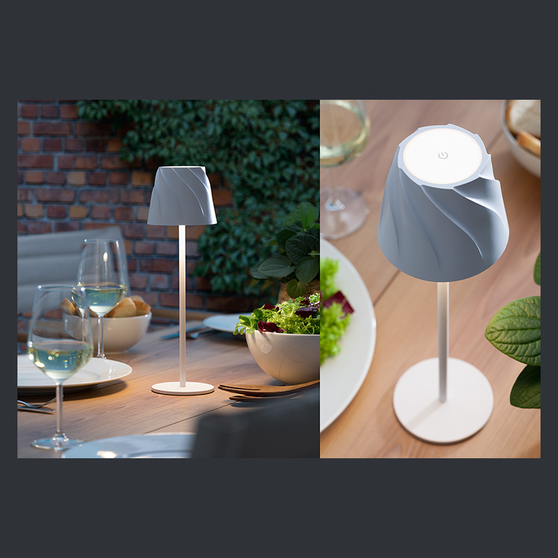 Akku-Tischlampe mit weißem Metallgehäuse für draußen