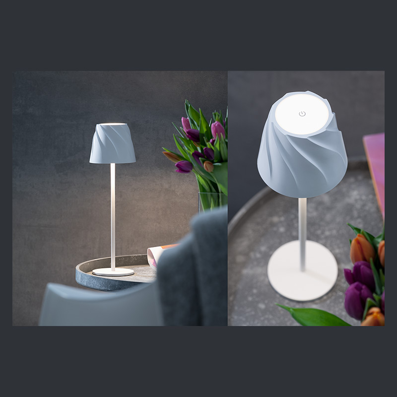 Akku-Tischlampe mit weißem Metallgehäuse für drinnen