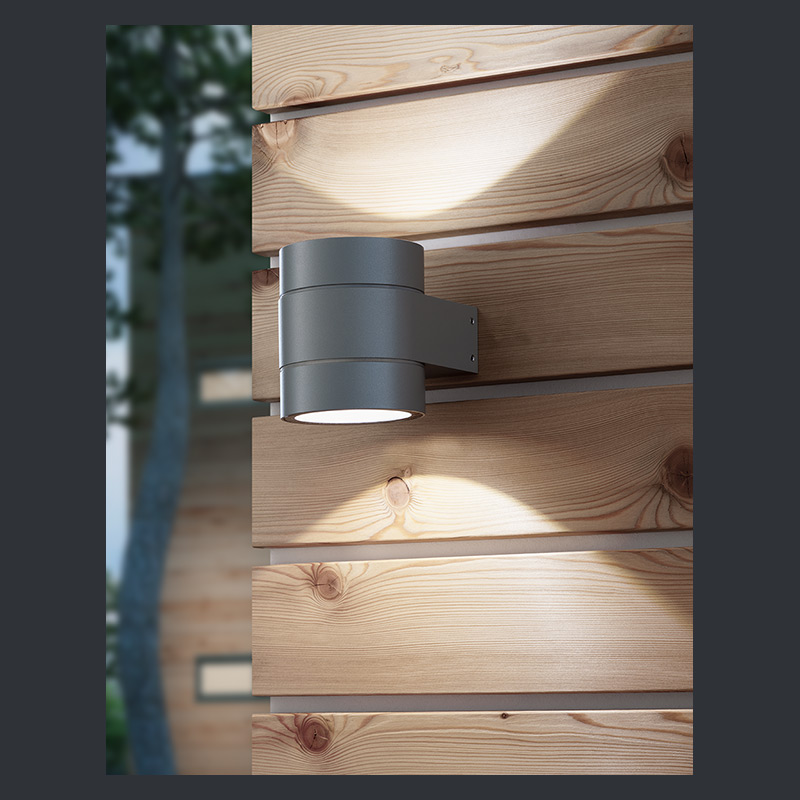 Modernes UP-DOWN-LIGHT aus grauem Metall an schöner Fassade aus Lärchenholz